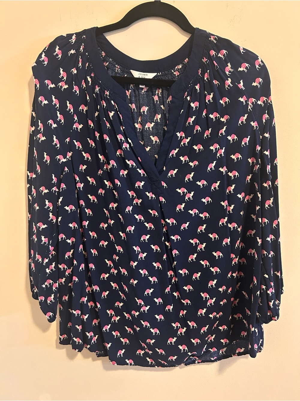crown & ivy Navy Blouse with Pink and White Camel Print